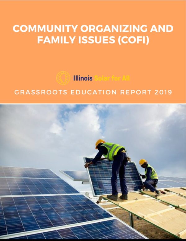 Una imagen del informe Grassroots Education Report 2019; presenta a dos personas construyendo una granja solar