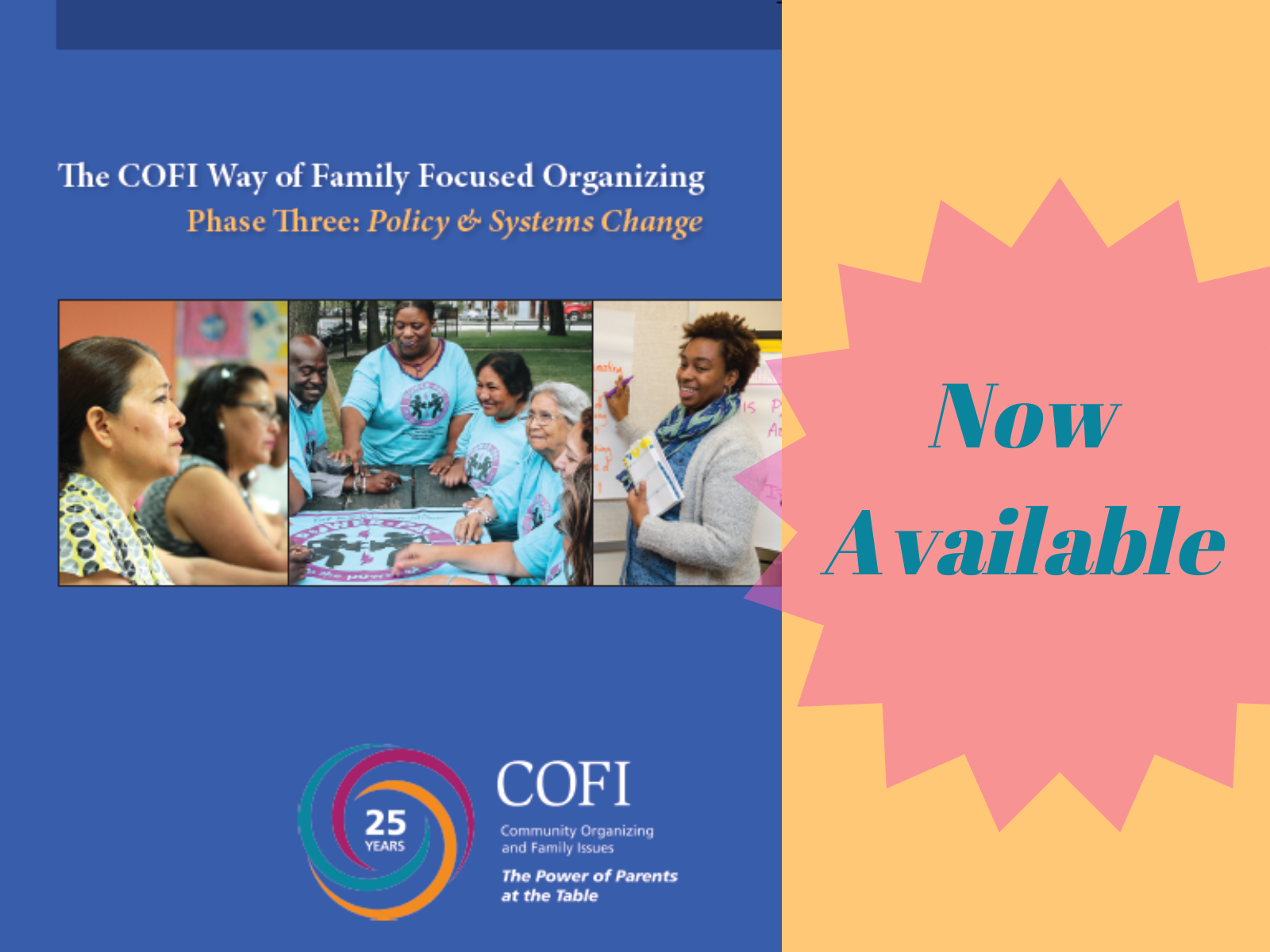 An image of the Phase 3 manual, which features an image of a Latina woman, an image of parents sitting at a picnic table, and a COFI organizer facilitating a training session