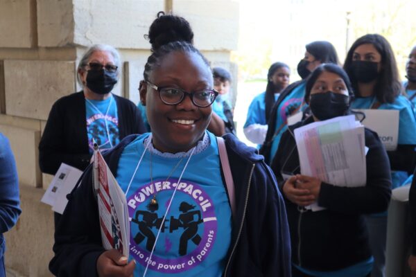 A young African-American woman entering the Illinois State Capitol in Springfield