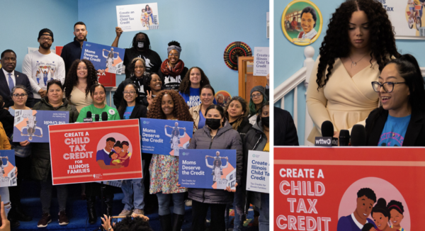 A la izquierda, un grupo de defensores del Crédito Tributario por Hijos posan para una foto, sosteniendo carteles. A la derecha, una mujer latina con una camisa azul da su testimonio detrás de un podio.