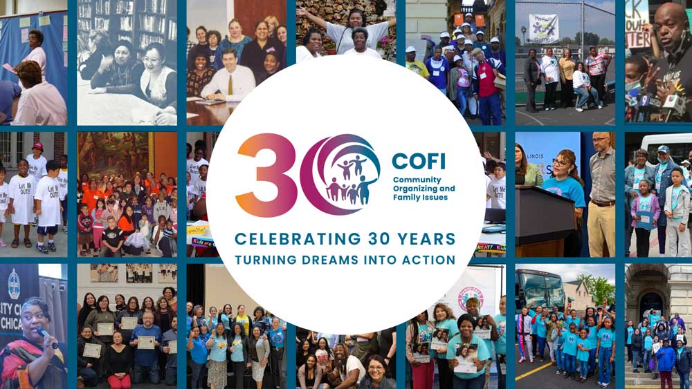 A collage of 21 photos of Black and Brown parent leaders and their advocacy work over 30 years - 30th anniversary
