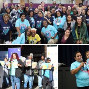 A 3 photo collage - the photo on top is a group of about 50 Black and Brown parents. The picture on the lower right hand side is a picture of a Hispanic woman and her baby. The picture on the left side is a Black woman speaking at a rally