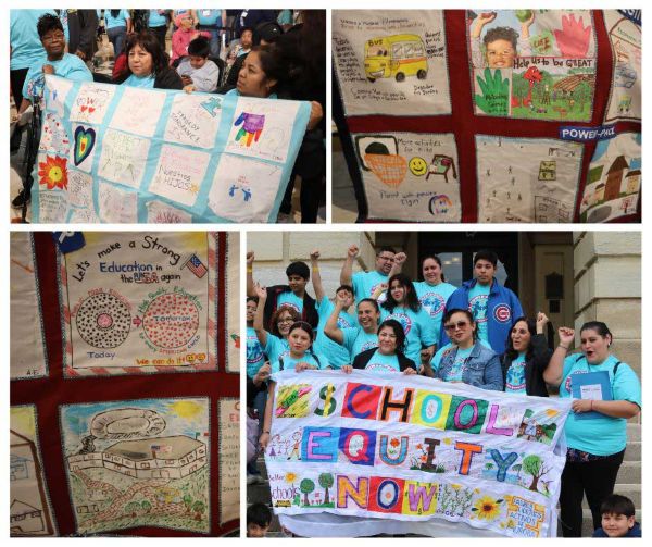 A collage of four photos: The top right features four women holding a blue quilt. The top right are four squares within a red quilt featuring parents' vision for fully funded schools; the bottom left features two squares from a red quilt focused on fully funded schools; and the the bottom right is a group of parents (mostly women and one man) holding a quilt that says "School Equity Now"